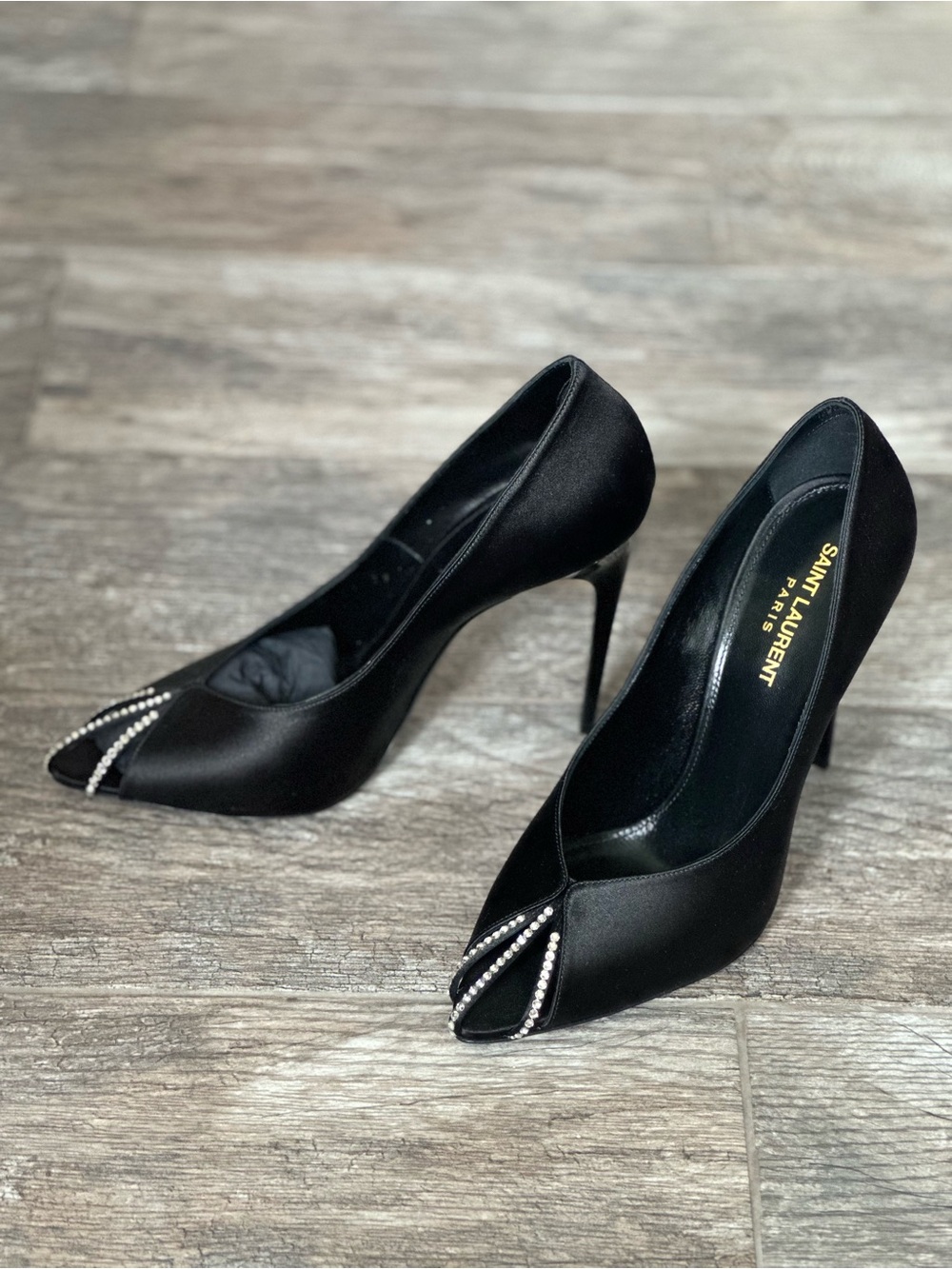 Saint Laurent Black Pointed Toe Stiletto Heels Crystal Detail Nero Silver Shade